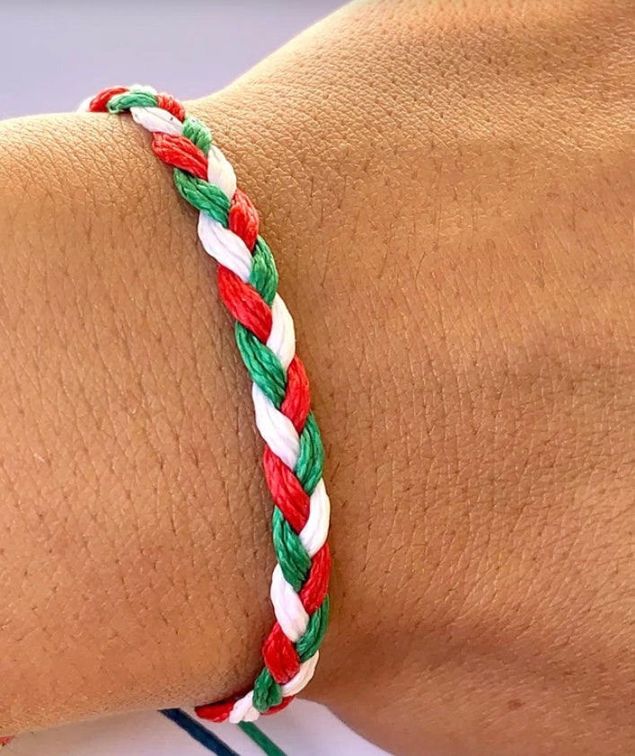 Italian hand-made braided bracelet in green, white and red