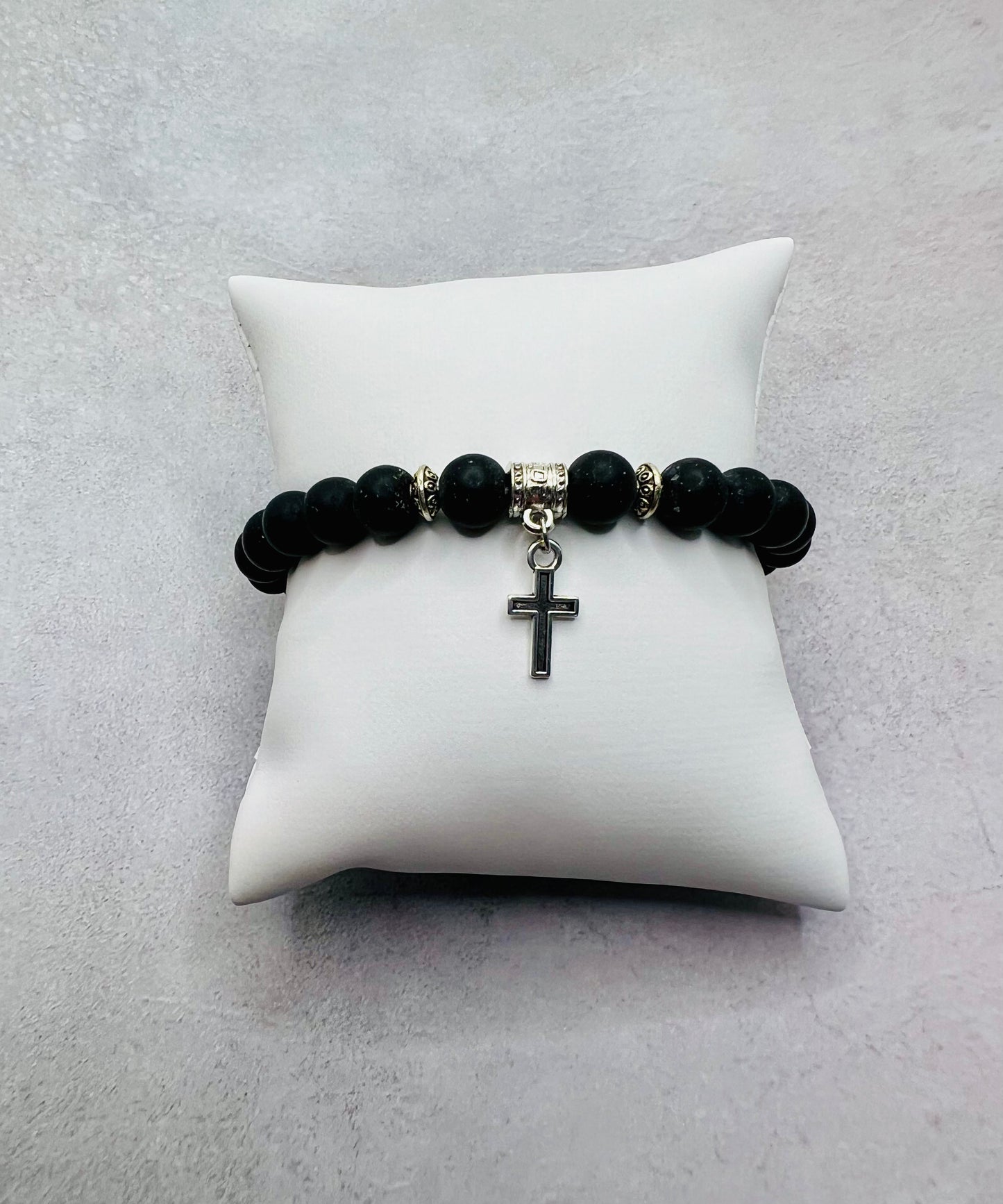 Black Beaded Bracelet with Cross Charm.