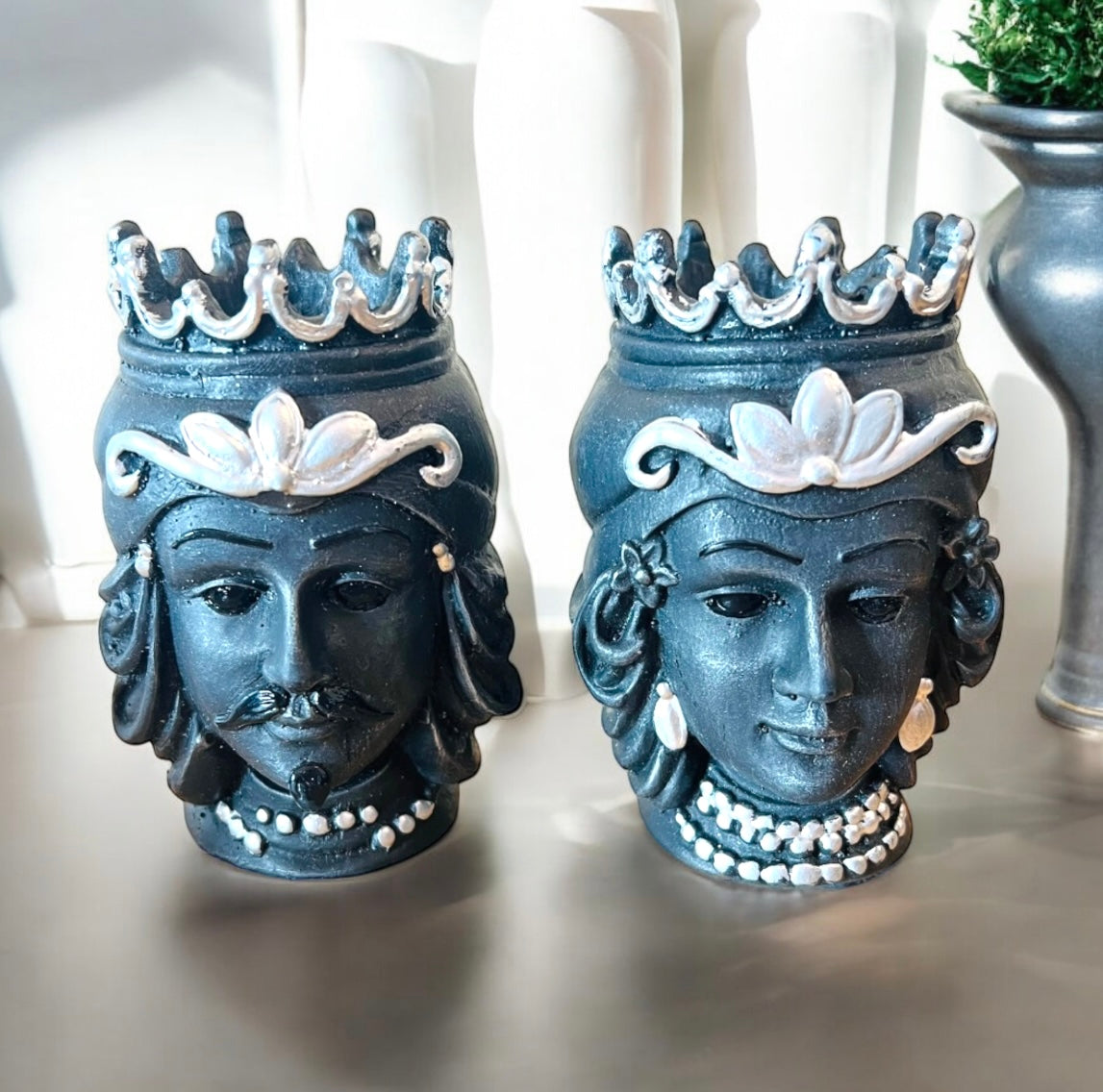 Coppia Testa di Moro Couple - Sicilian Head (Both heads included) - HAND-PAINTED made of STONE