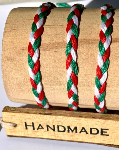 Italian hand-made braided bracelet in green, white and red