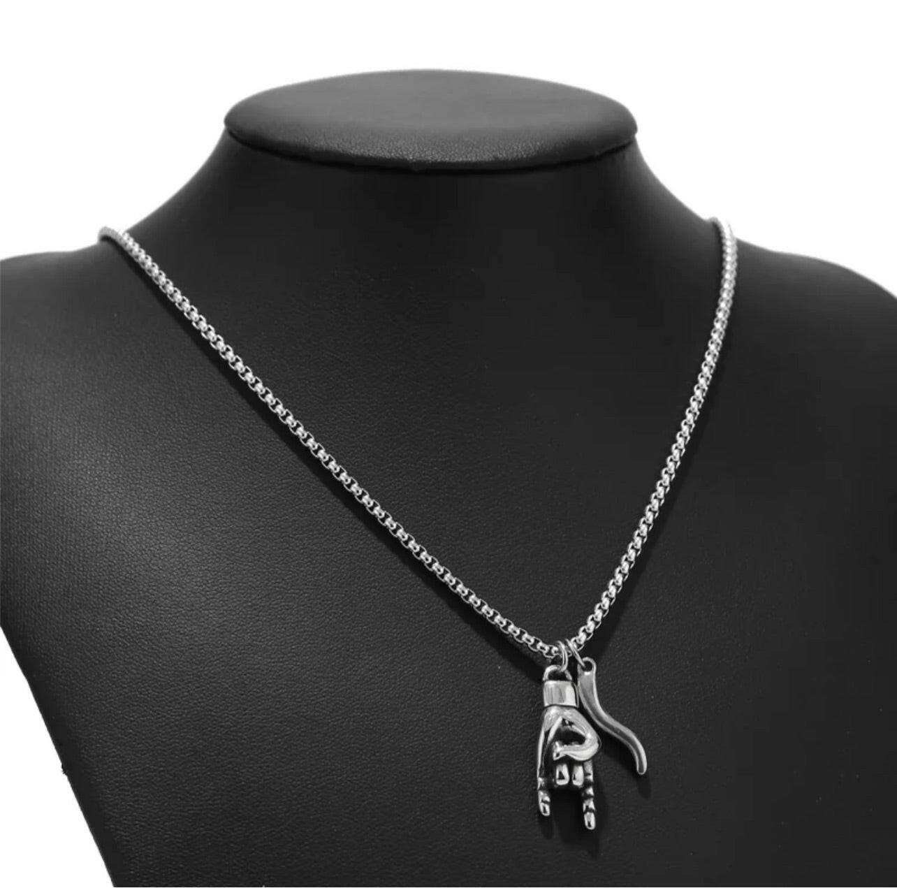 Good Luck Italian Hand and Horn Necklace in Stainless Steel.