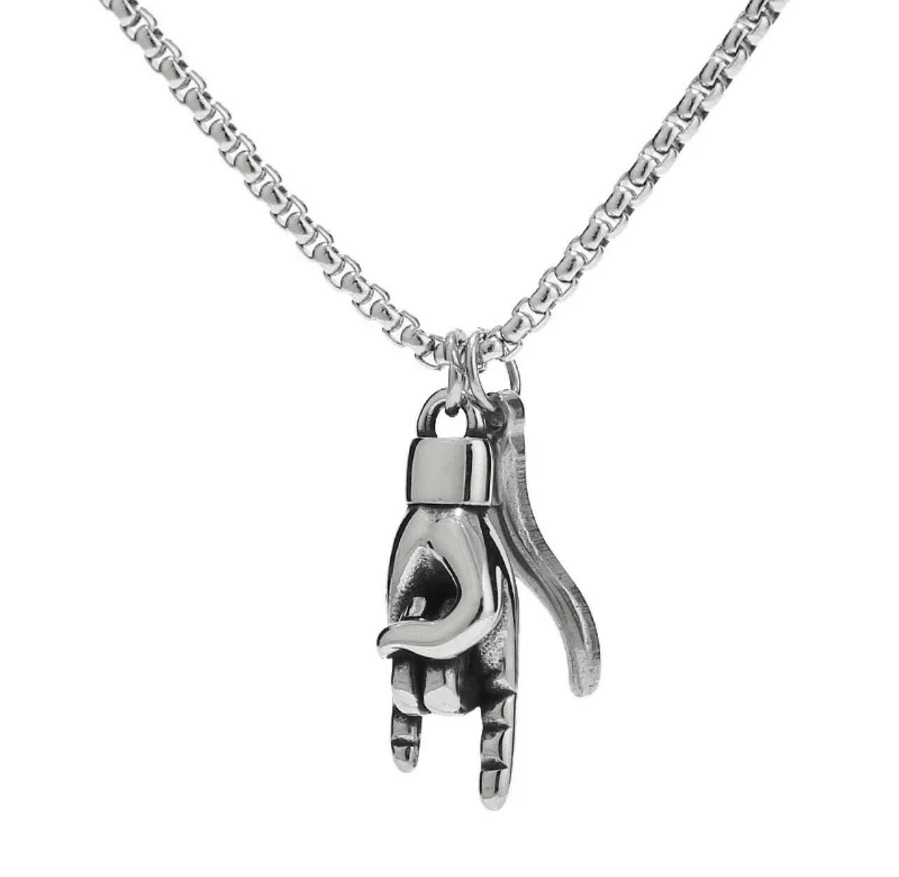 Good Luck Italian Hand and Horn Necklace in Stainless Steel.