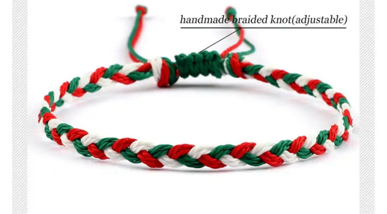 Italian hand-made braided bracelet in green, white and red.