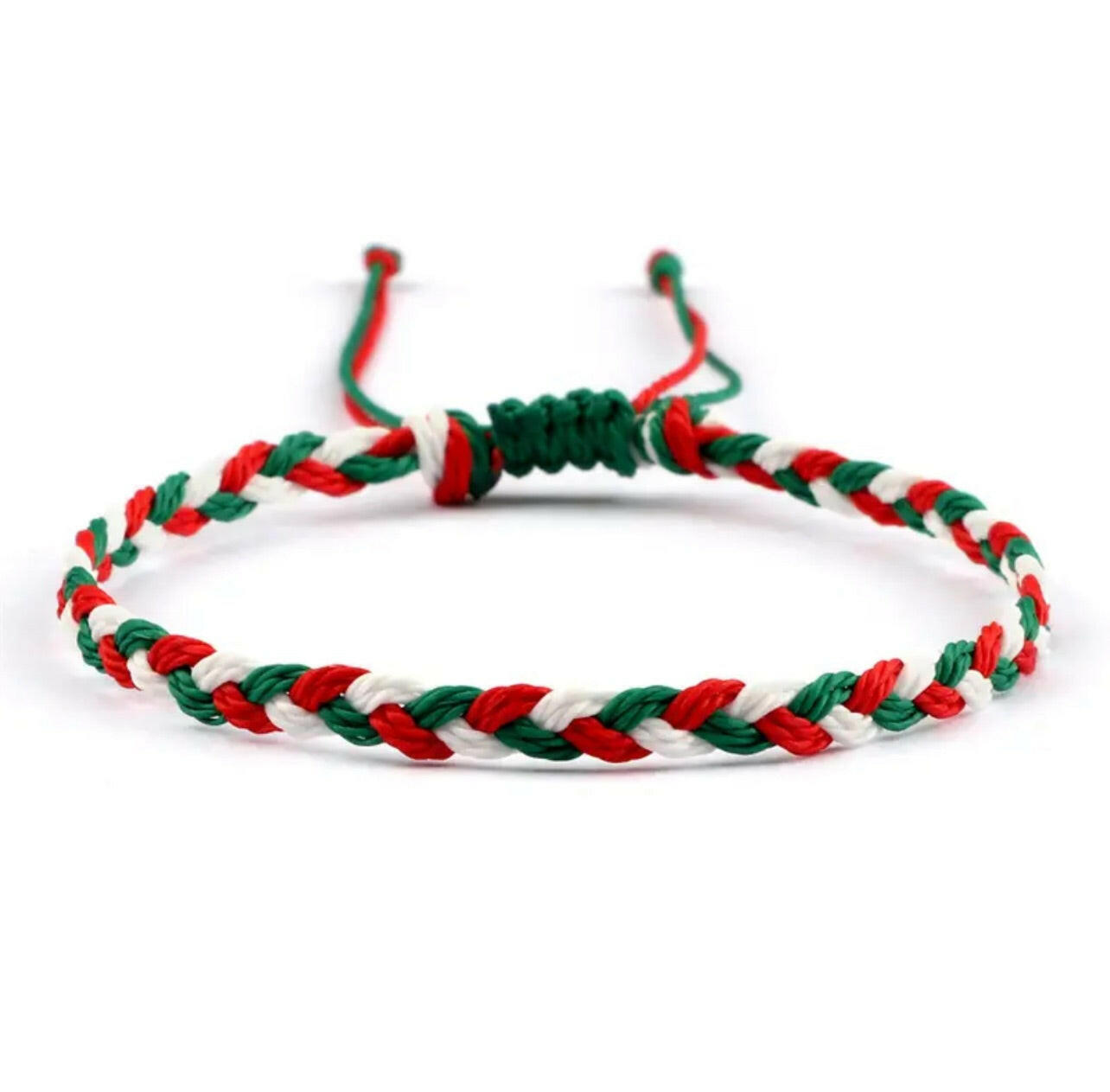 Italian hand-made braided bracelet in green, white and red.